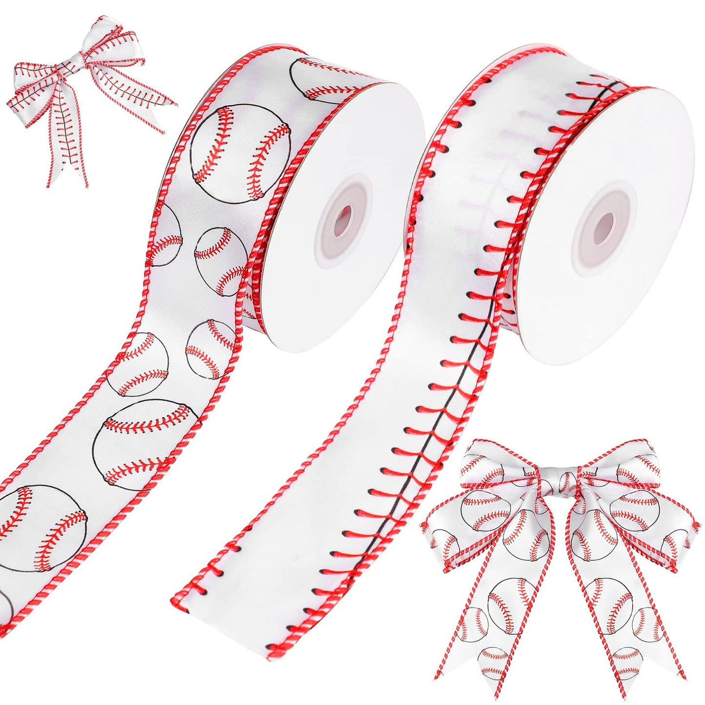 2 Rolls 20 Yards Baseball Ribbons Red White Wired Edge Fabric Ribbons 1.5 Inch Sport Stitching Satin Wired Ribbon for Present Wrapping DIY Crafts Decoration