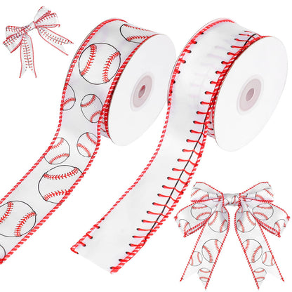 2 Rolls 20 Yards Baseball Ribbons Red White Wired Edge Fabric Ribbons 1.5 Inch Sport Stitching Satin Wired Ribbon for Present Wrapping DIY Crafts Decoration