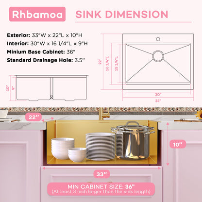 Rhbamoa 33 Inch Gold Farmhouse Sink,16 Gauge T304 Gold Single Bowl Apron Front Kitchen Farm Sink,10 Inch Depth Topmount Farmhouse Kitchen Sinks with All Golden Accessories