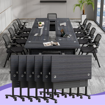 JNMDLAKO Folding Conference Room Table for 6-12 Person, Modular Mobile Large Flip-Top Training Table with Locking Wheels, Modern Rectangular Seminar Meeting Tables for Office (6, Black, 47.2in)