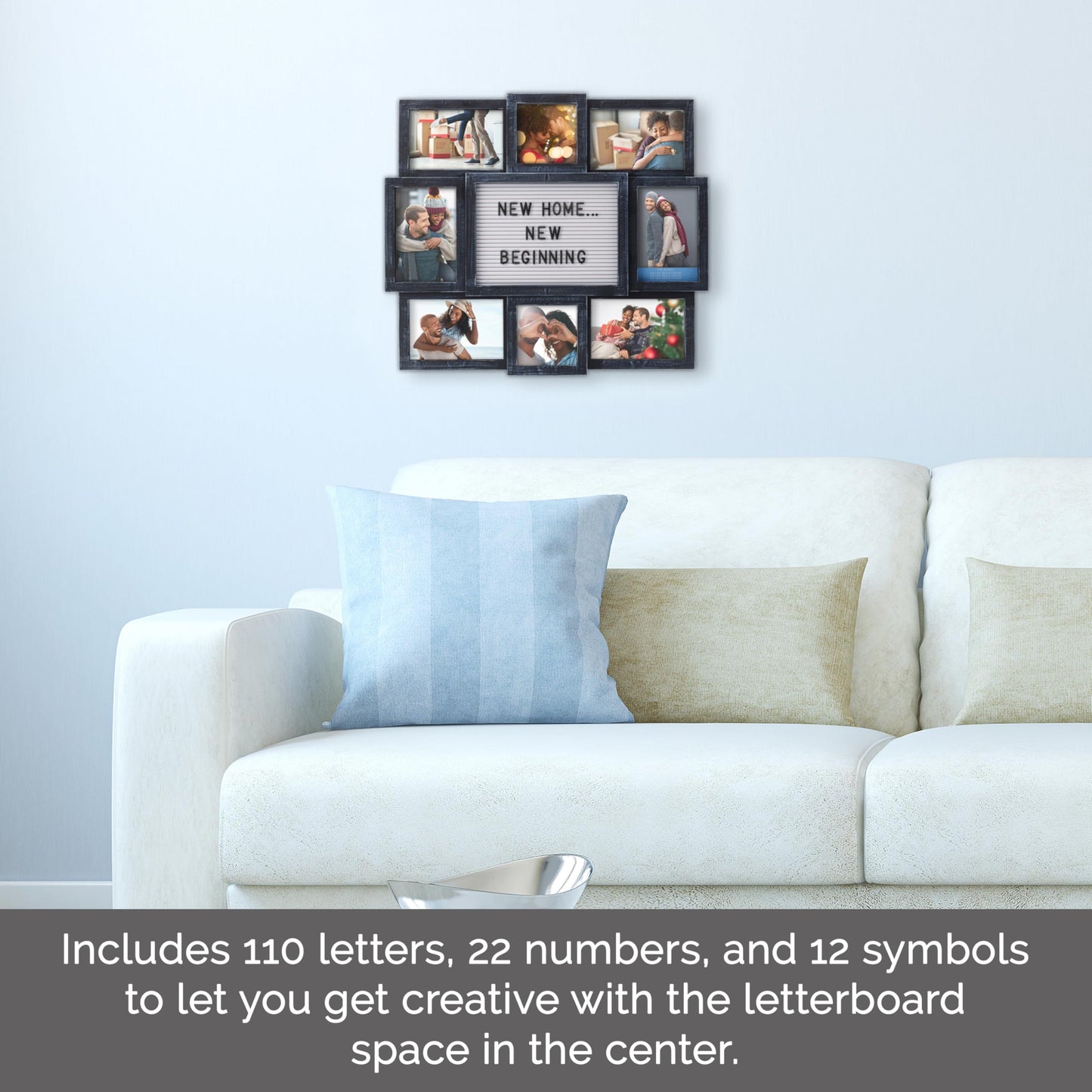 MELANNCO Collage Picture Frame with Letter Board, 8 Opening Photo Display for 4x6 and 4x4 Photos, 19 x 17 Inch Wall Decor with 144 Changeable Letters, Numbers and Symbols, Distressed Black