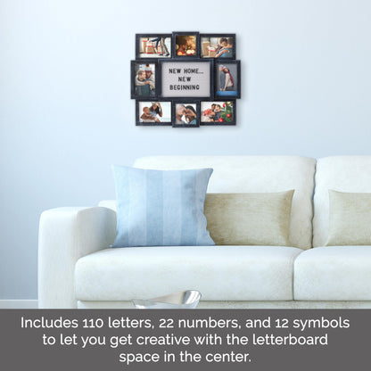 MELANNCO Collage Picture Frame with Letter Board, 8 Opening Photo Display for 4x6 and 4x4 Photos, 19 x 17 Inch Wall Decor with 144 Changeable Letters, Numbers and Symbols, Distressed Black