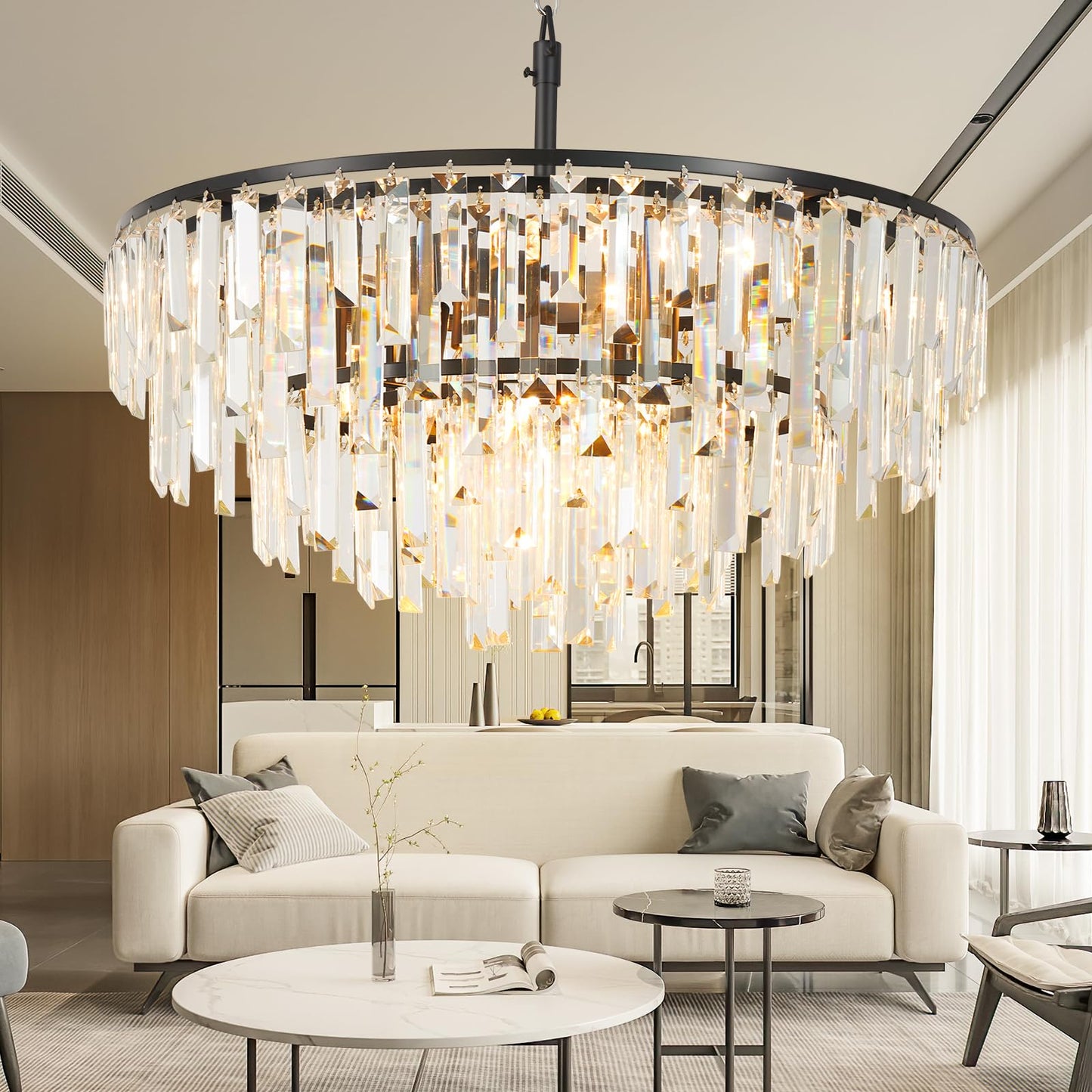 CHGUOSZ Black Modern Round Top K9 Crystal Chandelier Lighting Fixture, 8 Lights Round K9 Crystal Adjustable Hanging Lamp for Dining Room Bedroom Living Room,Hallway,Bar,Kitchen W24'