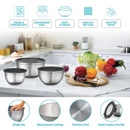 Belwares Mixing Bowls with Lids Set of 5 - Stainless Steel Mixing Bowl Set, Kitchen Nesting Metal Bowls with Non Slip Bottoms + 3 Grater Attachments, Airtight Lids, Food Prep + Storage, Matte Black