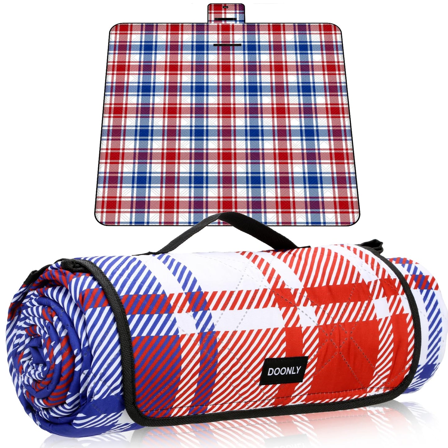 Doonly Picnic Blanket, 78" x 78" Large Waterproof Sandproof Beach Blanket, Foldable Outdoor Blanket Picnic Mat for Beach, Camping, Park, Grass, Lawn, Travel (Blue/Red/White)