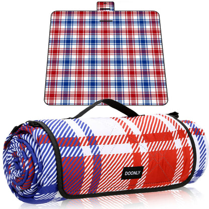 Doonly Picnic Blanket, 78" x 78" Large Waterproof Sandproof Beach Blanket, Foldable Outdoor Blanket Picnic Mat for Beach, Camping, Park, Grass, Lawn, Travel (Blue/Red/White)