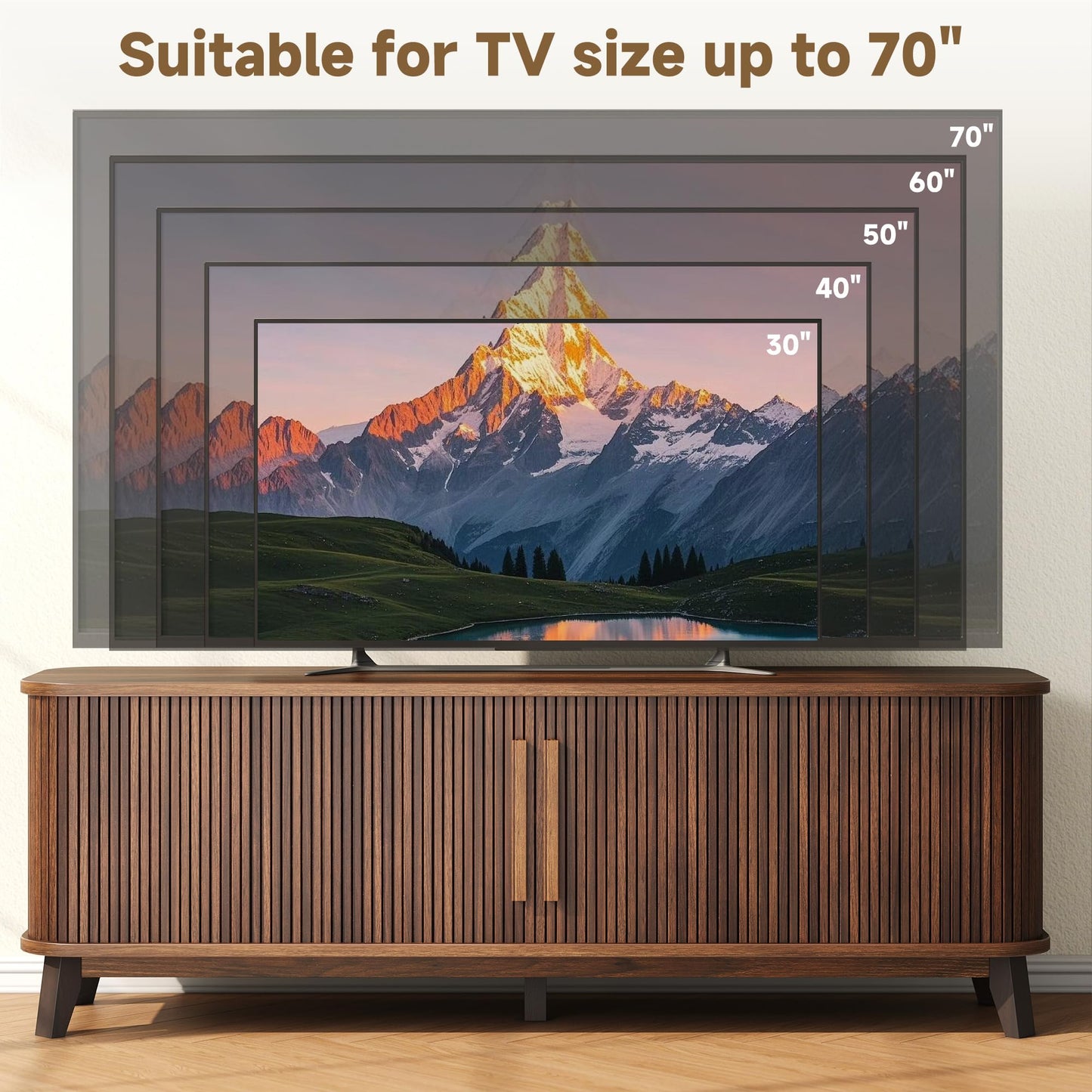 66" Mid Century Modern TV Stand, Wood Curved Entertainment Center for TVs up to 80" with Sliding Doors & Adjustable Shelves, Media Console with Storage & Solid Wood Leg for Living Room, Walnut