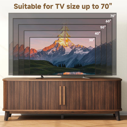 66" Mid Century Modern TV Stand, Wood Curved Entertainment Center for TVs up to 80" with Sliding Doors & Adjustable Shelves, Media Console with Storage & Solid Wood Leg for Living Room, Walnut