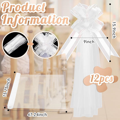 Skiennix 12 Set Large Wedding Pew Bows - Elegant White Tulle Tails for Aisle & Car Decorations