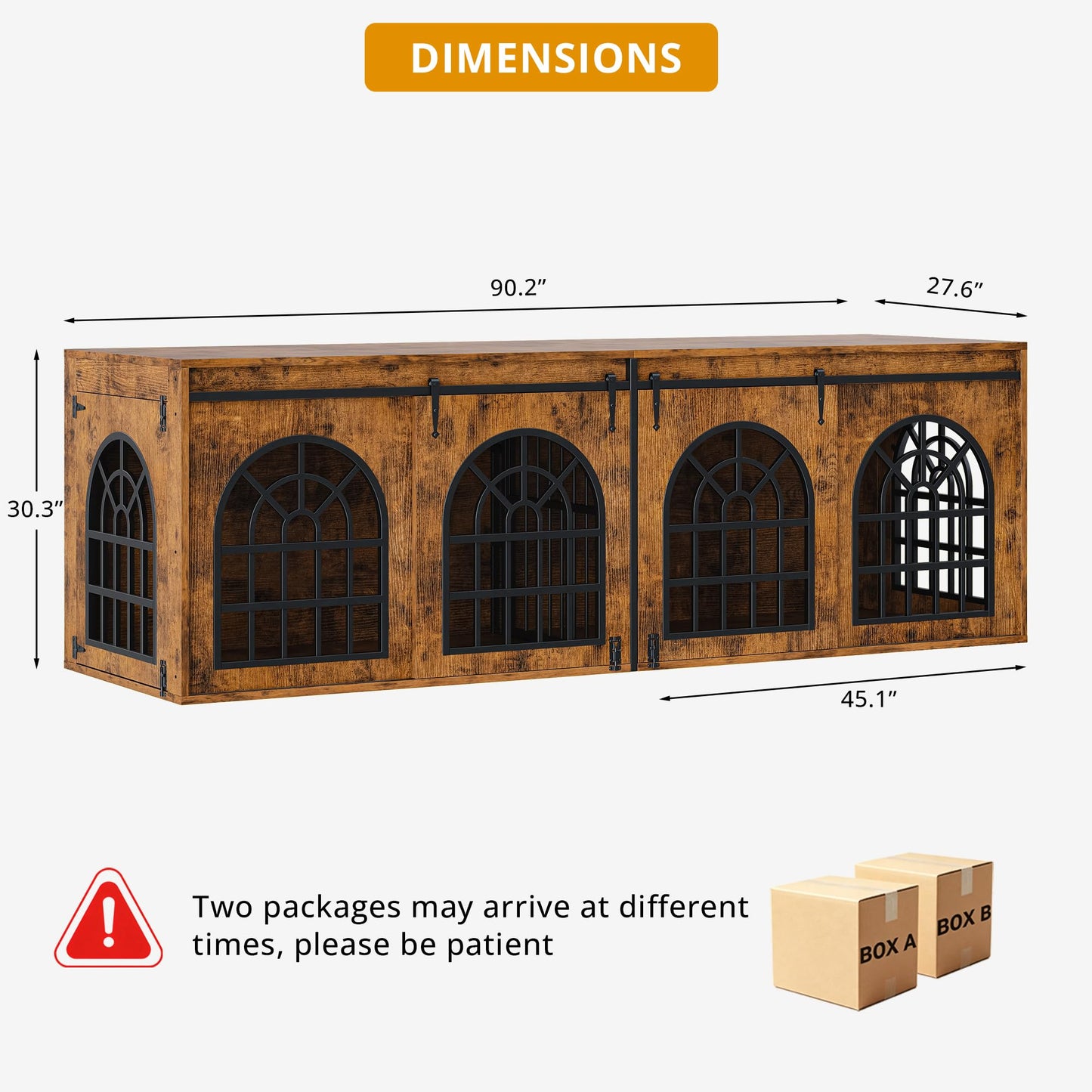IRONCK 90.2" Double Room Dog Crate Furniture with Sliding Doors– Heavy Duty Wooden Dog Kennel with Hinged Divider, TV Stand & End Table for Large to Medium Dogs, Brown (Brown)