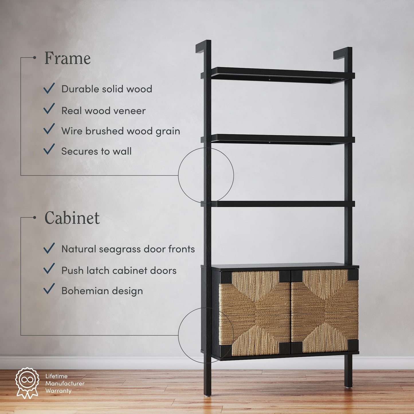Nathan James Beacon 3-Shelf Bookcase with Seagrass Cabinet, Solid Wood Boho Bookshelf with Storage with Solid Wood Frame, Seagrass/Black