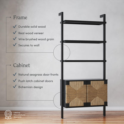 Nathan James Beacon 3-Shelf Bookcase with Seagrass Cabinet, Solid Wood Boho Bookshelf with Storage with Solid Wood Frame, Seagrass/Black, Set of 2