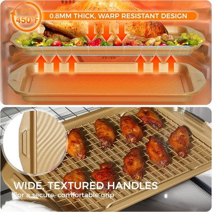 HONGBAKE 9-Piece Non-Stick Baking Pans Set - Wave Texture for Reduced Oil, 0.8mm Thick Bakeware, Gold