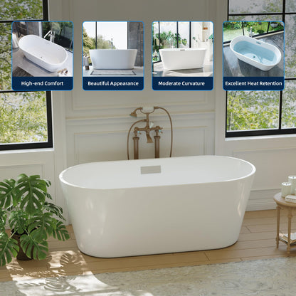 59" Free Standing Tub, Acrylic Soaking Bathtub, Stand Alone Freestanding Tub with Matte Sliver Drain and Overflow, Contemporary Bathtub for Bathroom, Burnish White