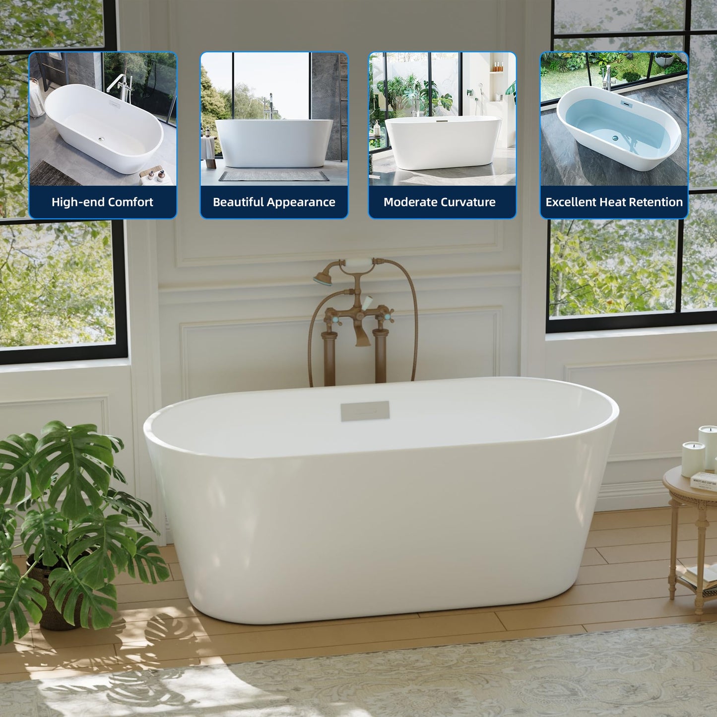 Garvee 59 in Acrylic Freestanding Bathtub - Extra Deep Soaking Tub for Adults, Stand Alone Tub with Integrated Overflow Drain, CUPC Certified Modern Bathroom Tub, White