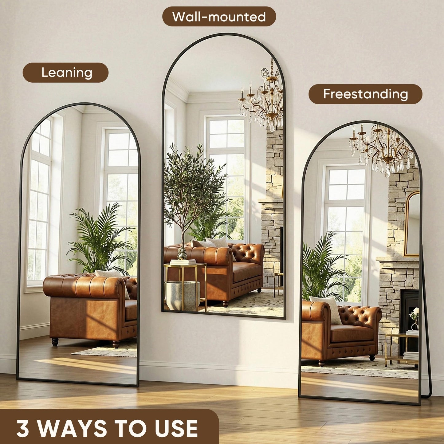 Antok Full Length Mirror, 44"x82" Floor Mirror with Stand, Hanging Mounted Mirrors for Bedroom, Living Room, Cloakroom, Dining Rooms, Black, Arched