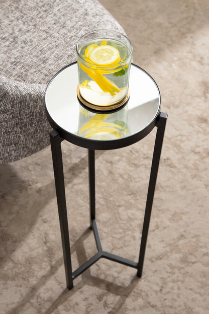 Kate and Laurel Aguilar Modern Mirrored Round Drink Table, 9 x 9 x 23, Black, Metal Accent Table with Mirrored Tabletop and for Use as Small Plant Stand