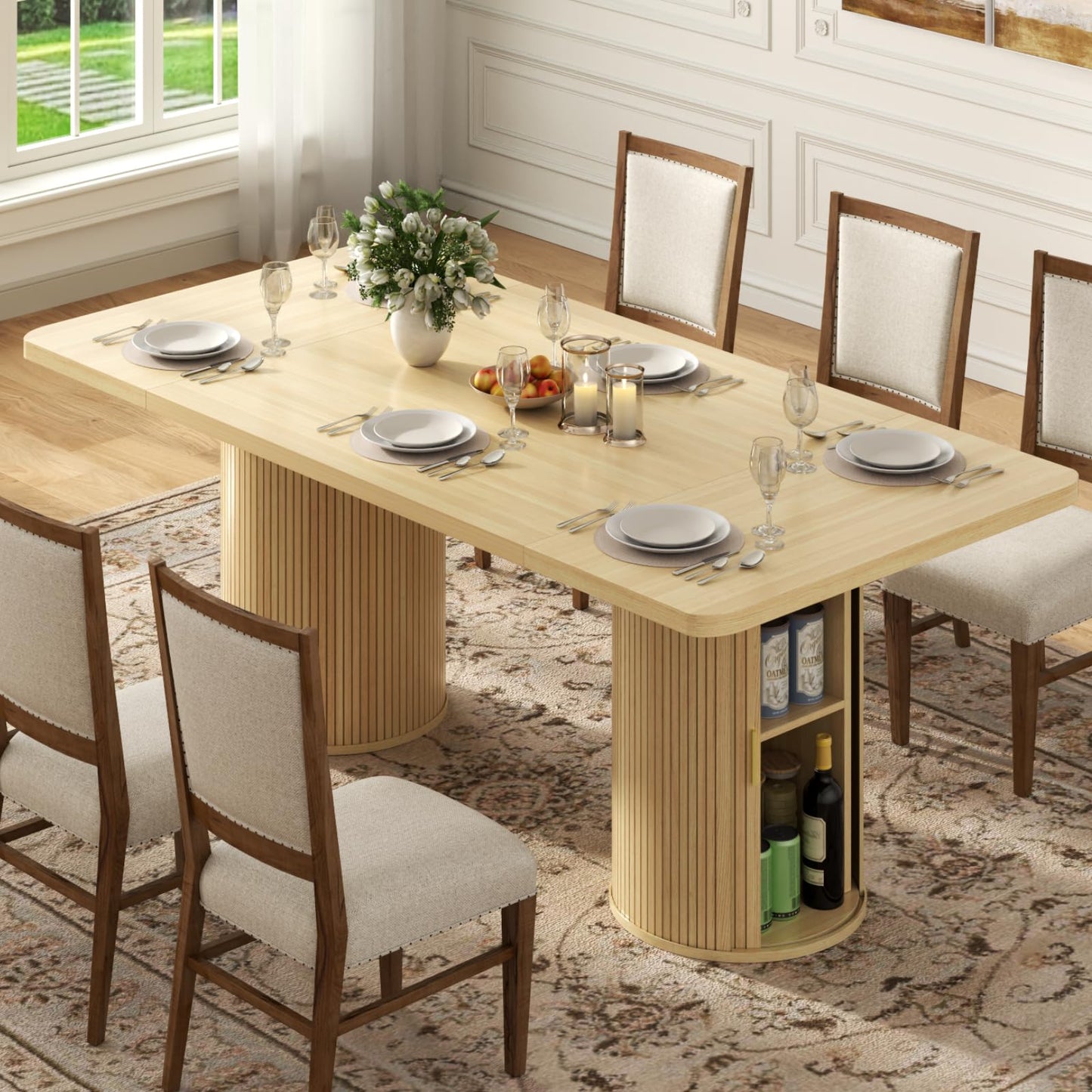 Gyfimoie 79" Dining Table for 8 to 10 People,Farmhouse Kitchen Dining Room Table with 2 Fluted Wood Strip Base & Slide Door,Mid Century Modern Dinner Table Furniture for Living Room,Kitchen,Natural