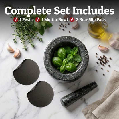 Priority Chef Heavy Duty Mortar and Pestle Set, 1.5 Cup, 100% Granite, Non Slip Base, Make Fresh Guacamole, Salsa, Pesto, Stone Grinder Bowl, Herb Crusher, Spice Grinder, 5.5 Inch - Black