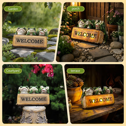 10.43"W Miniature Frog Solar Garden Statue, Three Wise Frogs Resin Lighted Welcome Sign, Outdoor Fairy Garden Accessories, Housewarming Gift for Patio, Yard, Porch, Entryway, Balcony, Lawn Ornament