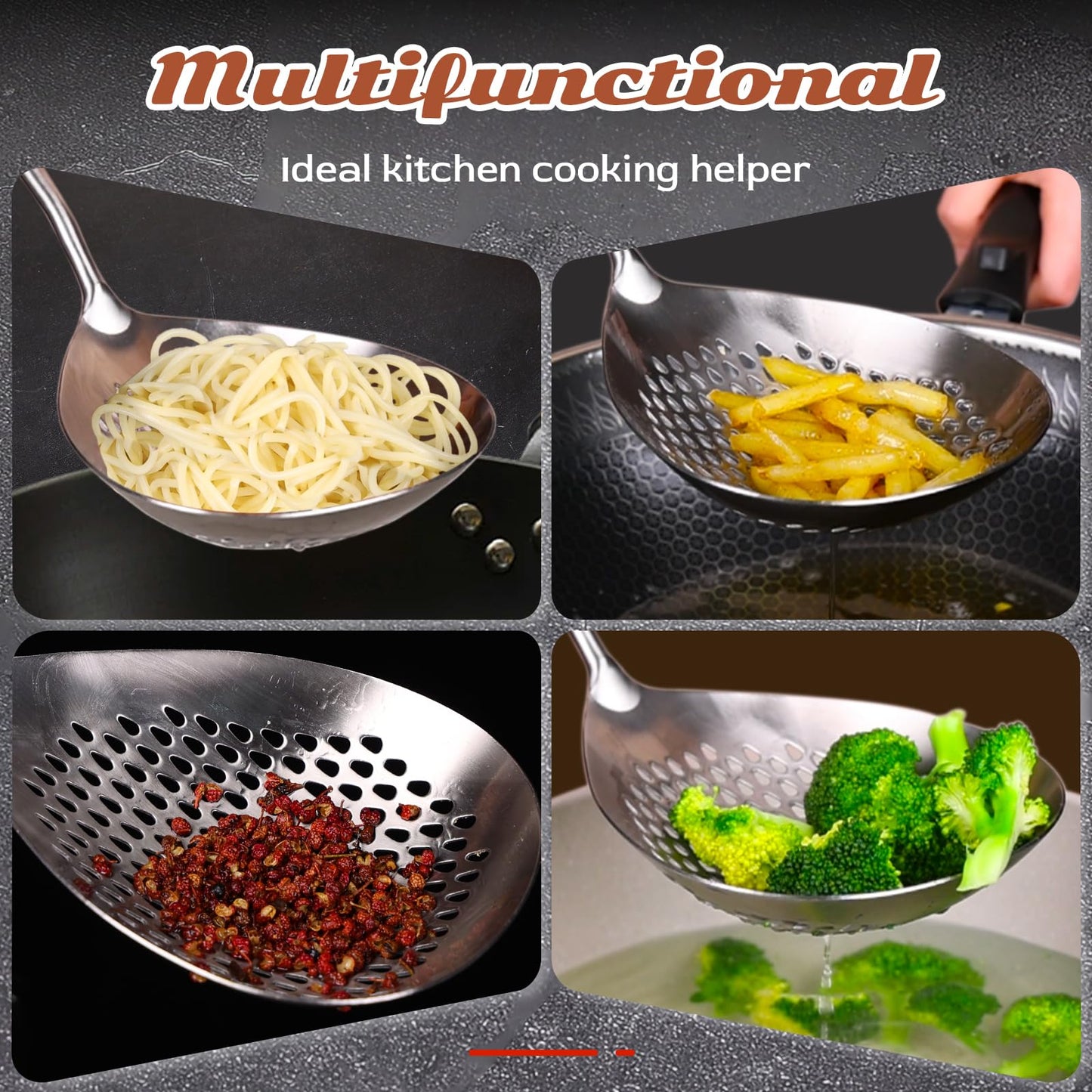 MARTE 16.5in 304 Stainless Steel Skimmer Slotted Spoon - Pasta Spider Strainer Ladle for Cooking and Frying - Kitchen Metal Scoop Colander With Heat Resistant Wooden Handle
