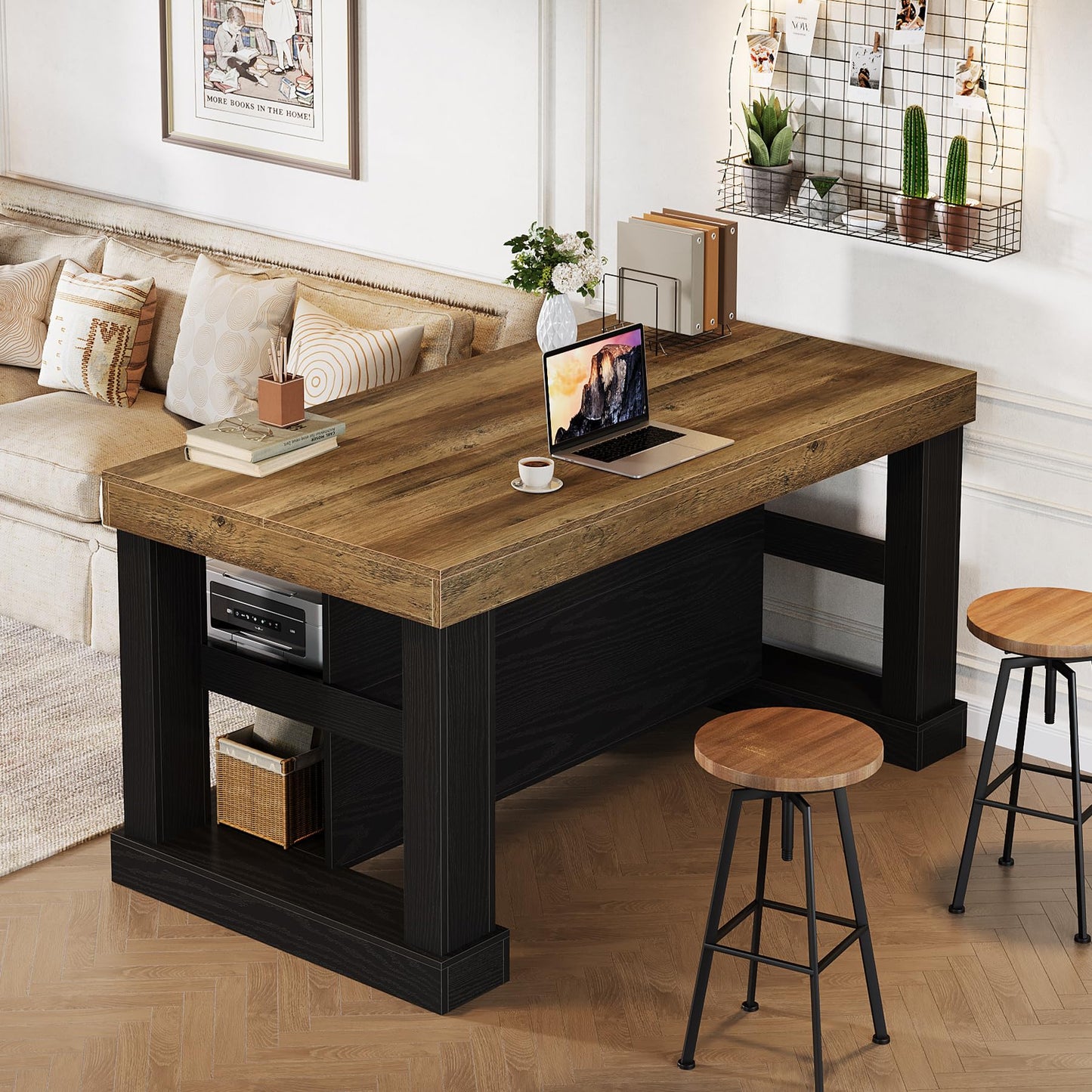 Tribesigns Kitchen Island with 3 Shelves, 55 Inches Width Kitchen Shelf with Large Worktop, Stable Wooden Structure, Farmhouse Style, Easy to Assemble, Black and Brown