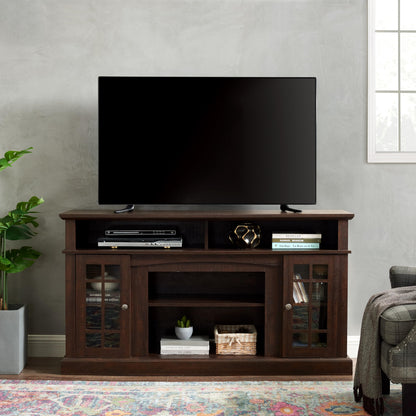Trygoal Farmhouse TV Stand for 60 Inch TV, 58" Wood Entertainment Center with Glass Doors & 5 Cable Routing Holes, Sturdy Media Console Table for Living Room & Bedroom, Brown