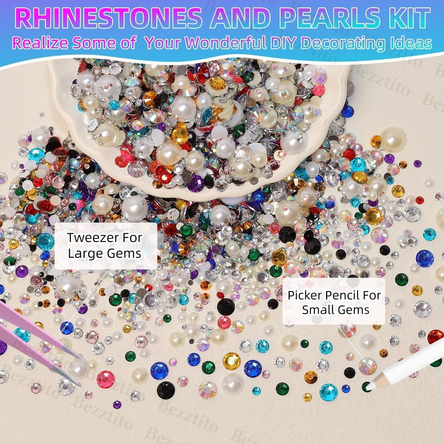 14000Pcs Colorful Flatback Rhinestones and Pearls for Bedazzling Kit, 2-6mm Resin Gems Bedazzling Rhinestone, 4-10mm Flatback Pearls Gems Rhinestones for Crafting DIY Face Makeup