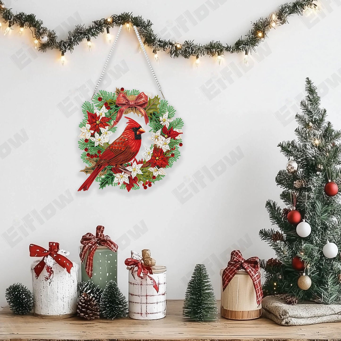 Eiflow Christmas Diamond Art Hanging Kit for Adult, DIY Acrylic Diamonds Painting Ornament Double Sided Pendant Board Kit(Cardinal Bird)