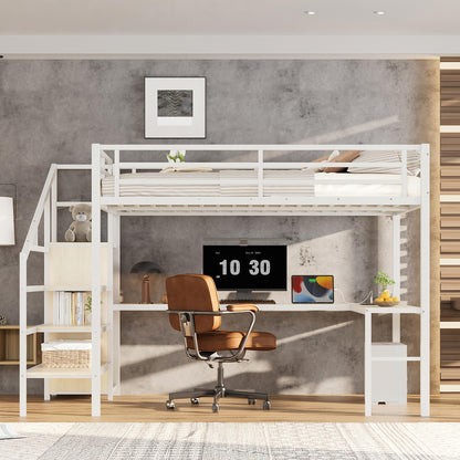 Bellemave Queen Loft Bed with Staircase and L Desk, Wardrobe, Metal Queen Loft Bed Frame for Adults, Kids, Teens, White Wood-Grain