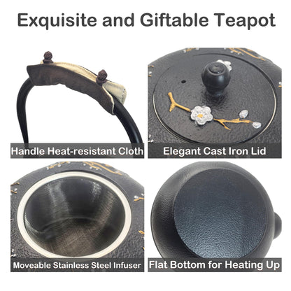 Cast Iron Teapot SECHUDO Teapot for Stovetop Safe Coated with Enameled Interior,Japanese Beautiful Tea Kettle with Stainless Steel Infuser for Loose Tea (60.9oz Plum Blossoms and Bird Pattern)