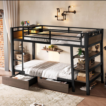 DNYN Modern Metal Bunk Bed Frame with Storage Shelves and USB Ports for Teens/Adults Bedroom, Space-Saving Twin Size Bed with LED Strip and 2 Drawers, No Box Spring Needed & Easy Assemble