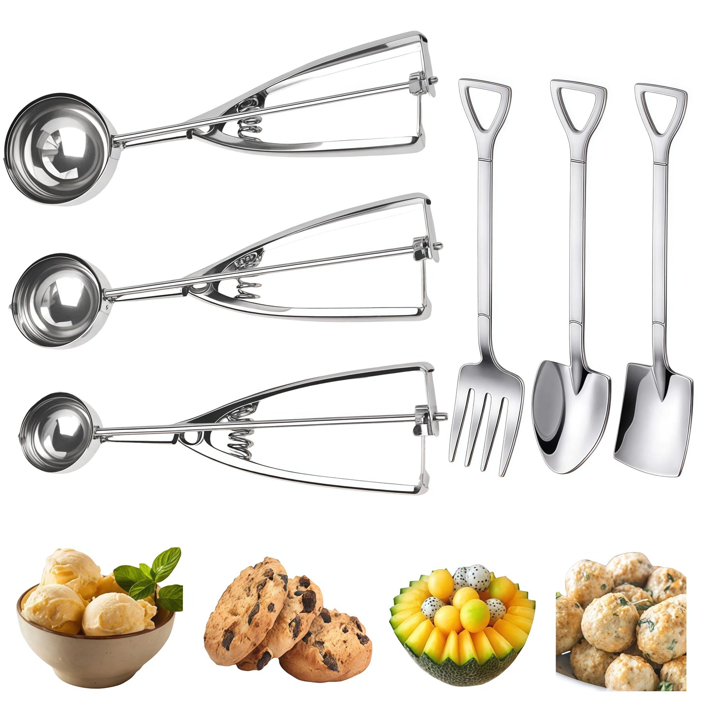 6-Piece Stainless Steel Cookie Scoop Set, 3 Sizes Ice Cream Scoop with Trigger Release, Portion Scoops for Baking, Cookie Dough, Meatballs, Melon Balls, Cupcakes, Desserts and Kitchen Prep