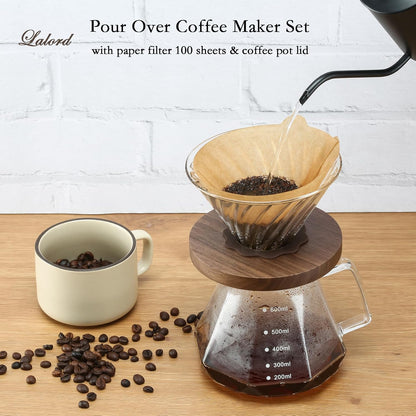 Pour Over Coffee Maker, 20 oz Borosilicate Glass Carafe with 100 pcs V60 Paper Filter, Walnut Handle, Clear