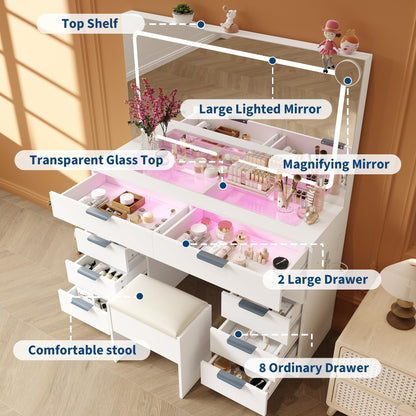 Vanity Desk with Large Mirror and Lights, Makeup Vanity Desk Set with Power Outlet, Stool, 10 Drawers Storage, Magnifying Glass, Hairdryer Holder, 3 Lighting Color Adjustable for Bedroom (White)