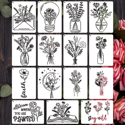 Baychendoo 15 Pcs Floral Craft Stencils - 5.9x7.87 Inch Reusable Spring Wildflower Bouquet Templates for DIY Wood Painting, Scrapbooking, Fabric Art, Canvas Projects & Handmade Home Decor