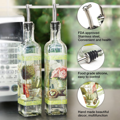 CEDAR HOME Olive Oil Bottle Set Glass Dispenser Vinegar Cruet 17oz. with Stainless Steel Leak Proof Pourer Spout for Cooking or Salad Dressing, 2 Pack, Green