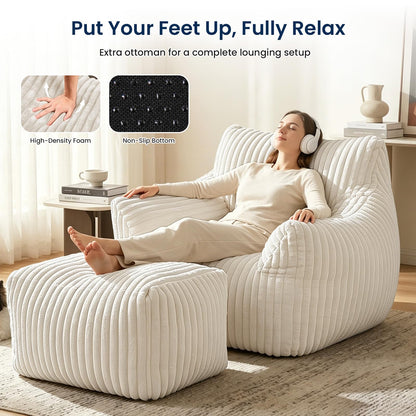 Giant Bean Bag Chair with Footstool for Adults, Fluffy Boneless Lounge Sofa Chair, Superior Large Reading Floor Sofa Bed, Oversized Accent Comfy Couch for Living Room, Bedroom (Beige, with Ottoman)
