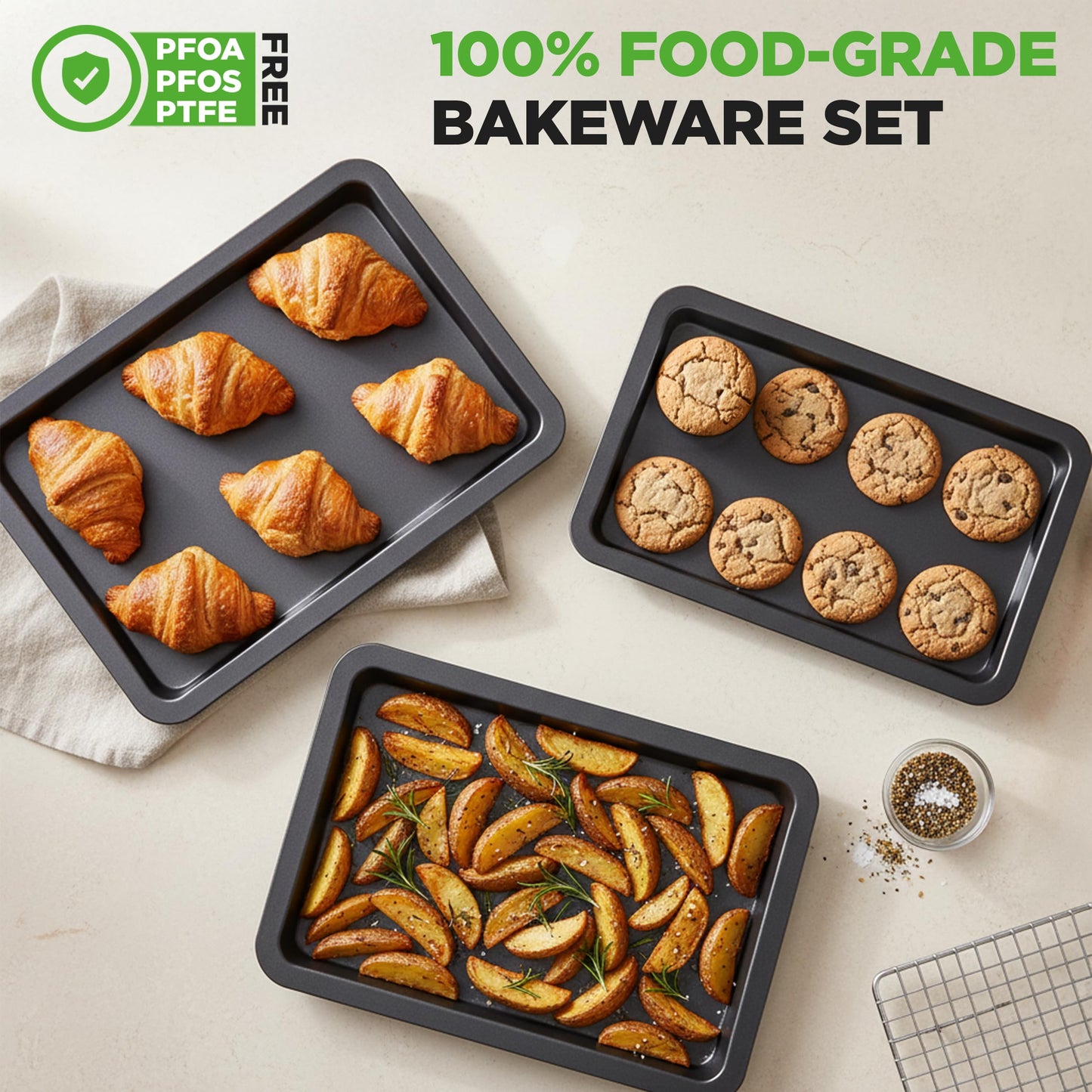 NutriChef 3-Piece Nonstick Baking Sheet Set – Non-Toxic Cookie Sheets for Everyday Baking – Small, Medium & Large Oven Safe Bakeware Trays – Warp-Resistant, Easy to Clean & Dishwasher Safe