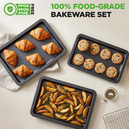 NutriChef 3-Piece Nonstick Baking Sheet Set – Non-Toxic Cookie Sheets for Everyday Baking – Small, Medium & Large Oven Safe Bakeware Trays – Warp-Resistant, Easy to Clean & Dishwasher Safe