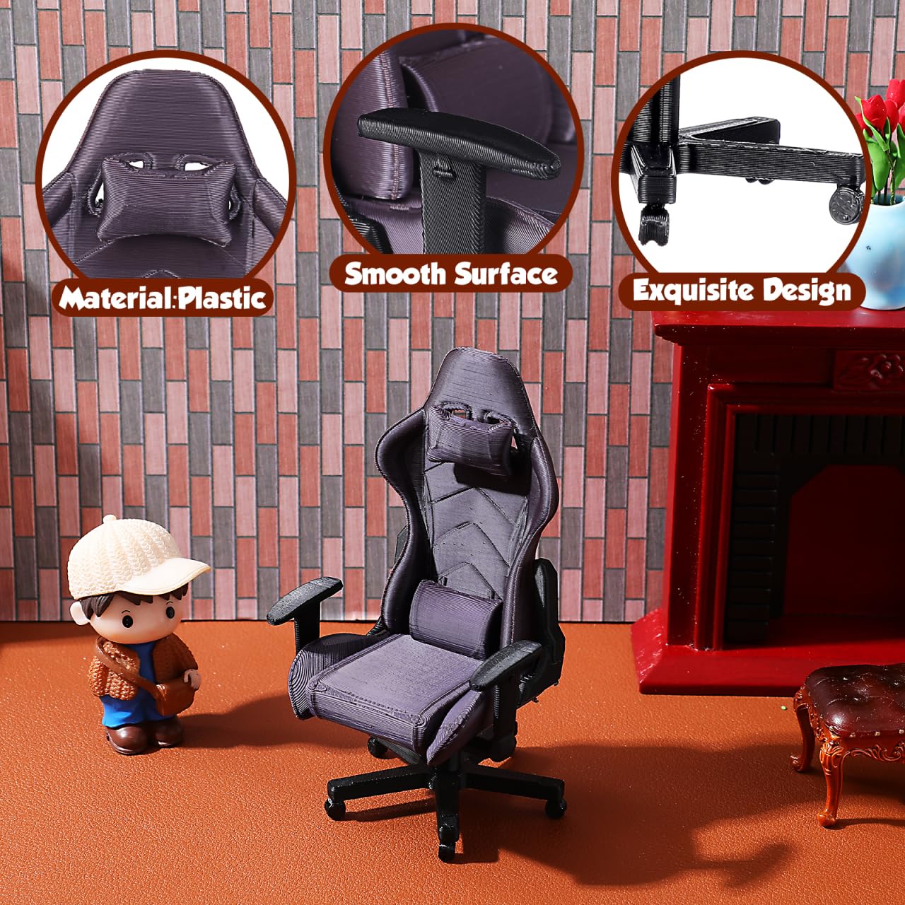 Kisangel Miniature Gaming Chair, 1:12 Scale Dollhouse Office Decor, Detailed 3D Printed Gamer Computer Desk Accessory for Collectors and Display