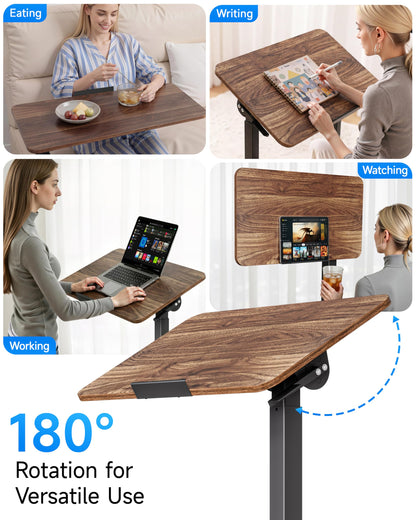 BIZUM Mobile Standing Desk Laptop Desk Pneumatic with Wheels 180° Tilt Top Hospital Bed Table Portable Rolling Cart Foldable Bedside Table for Hospital&Home Use, Walnut