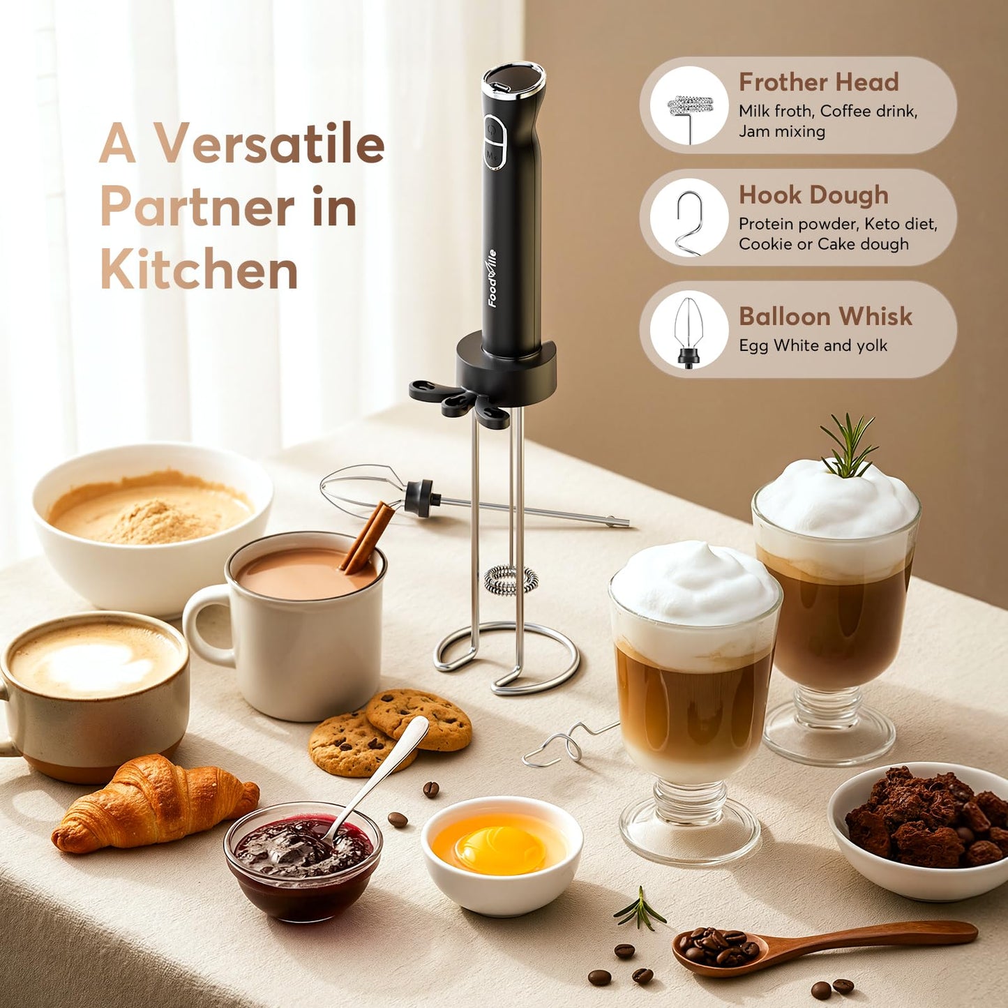 FoodVille MF06 Rechargeable Milk Frother 1800 Mah with 9 Speed and 3 Frother, LED Display Screen, Storage Stand, for Coffee Milk Foam, Cappuccino, Latte, Keto Diet, Protein Powder, Matcha, Bulletproof