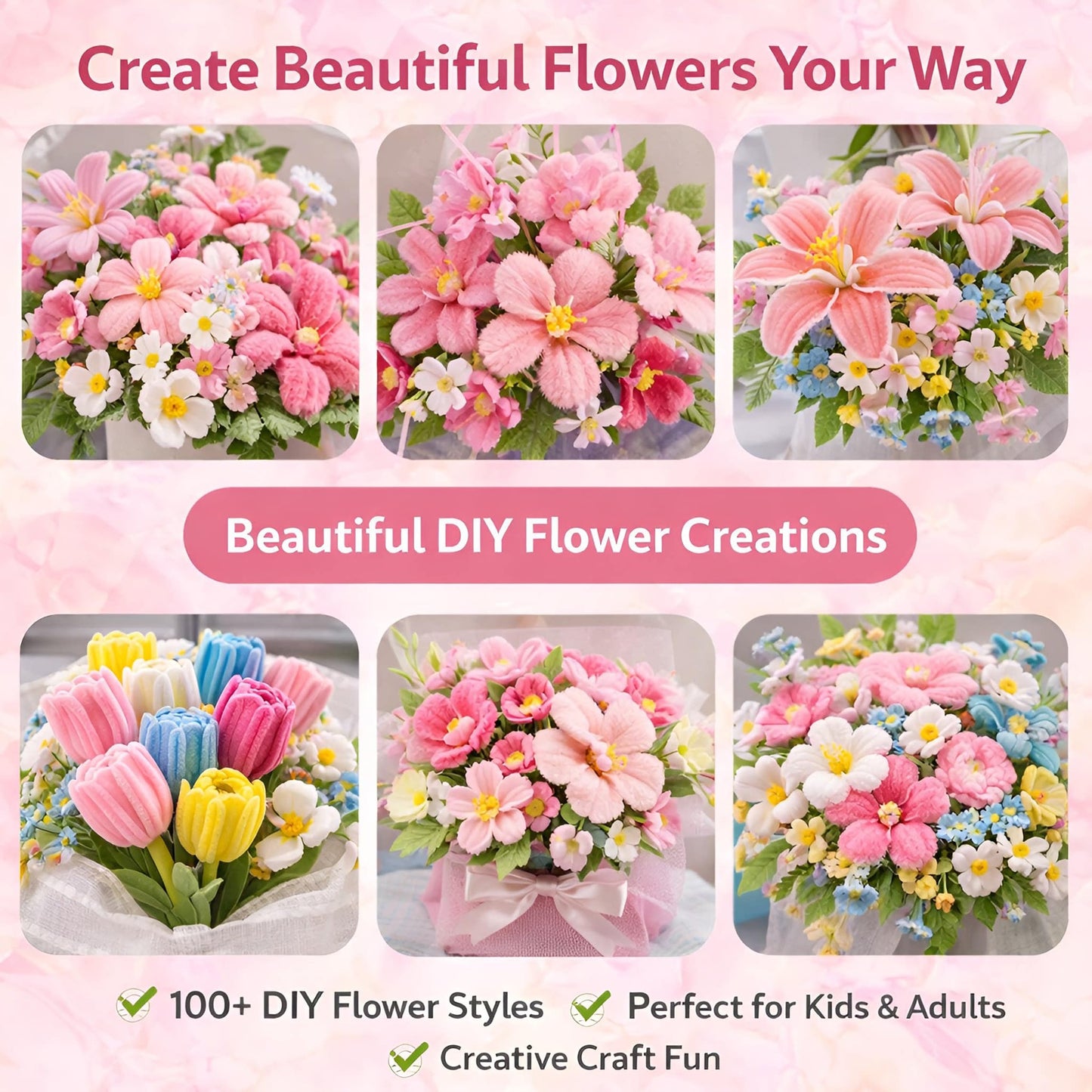 Party Rose 650PCS Pipe Cleaners Craft, Pipe Cleaner Bulk Flower Kit, 6 Colors Chenille Stems Flower Making Kit with Floral Wires, Gardening Tape, Stamens