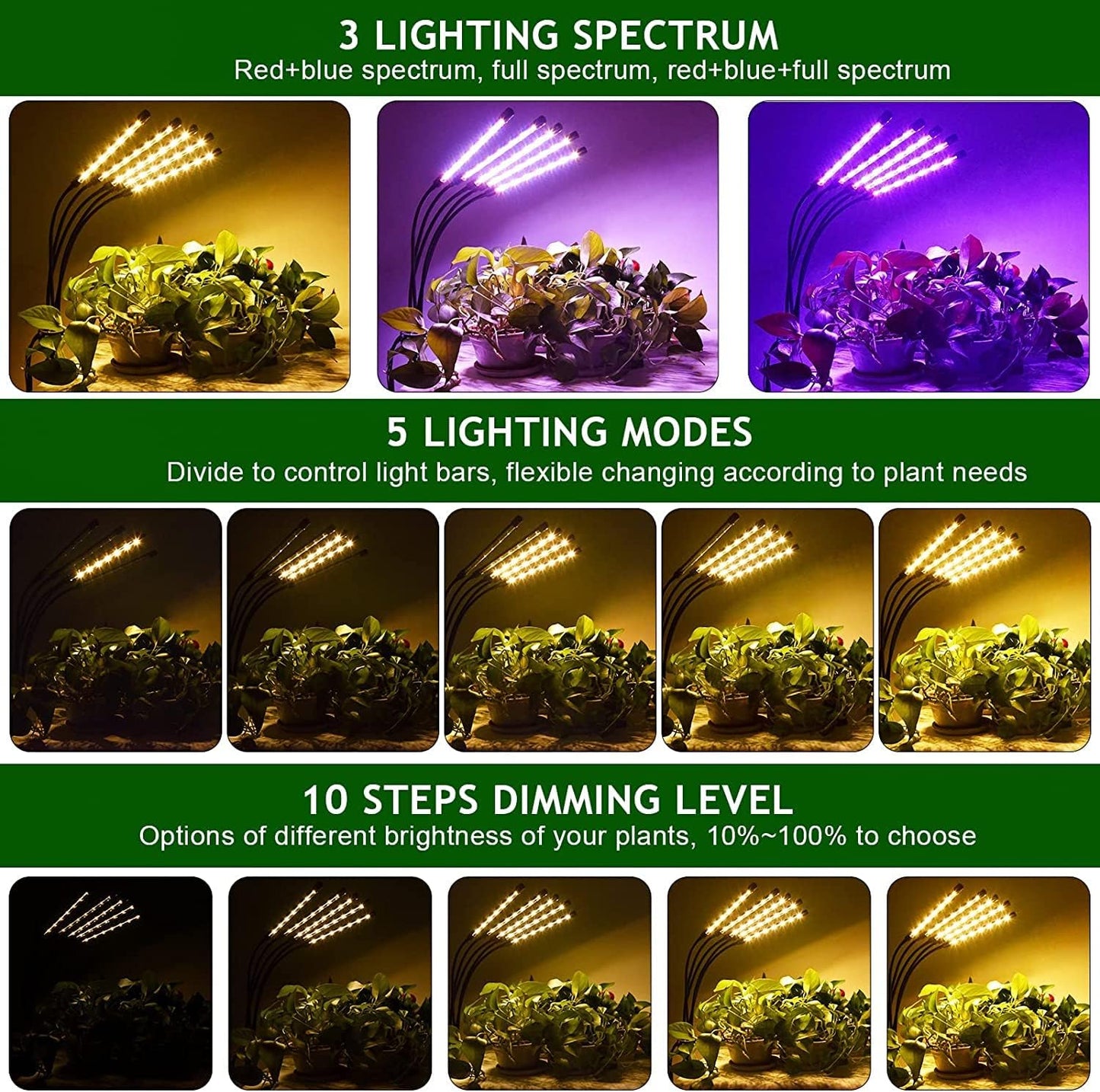 yentbokj Plants,5 15-60" Grow Lights for Indoor Heads Red Blue White Full Spectrum Plant Light with Adjustable Tripod