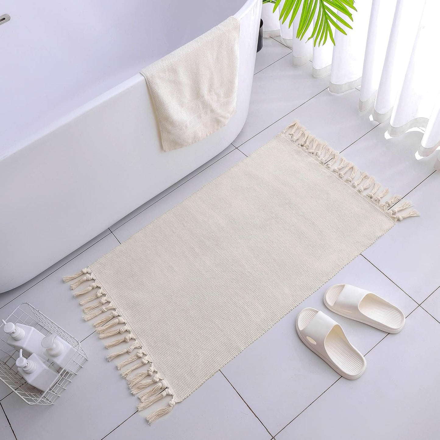 Boho Bathroom Rug, 2'x3', Hand Woven Tassel Solid Color Area Rug, Washable Bedroom Runner for Laundry Kitchen