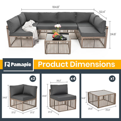 Pamapic 7 Piece Outdoor Sectional Sofa Set, All-Weather Patio Furniture with Washable Cushions, Waterproof Brown Rattan Wicker Conversation Set for Backyard, Poolside, Gray Cushion