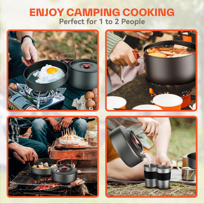 Sportneer Camping Cookware Set, 18Pcs Non-Stick Lightweight Pots, Pan, Kettle with Stainless Steel Cups, Plates, Forks, Knives & Spoons for Camping, Backpacking, Hiking, Outdoor Cooking & Picnic