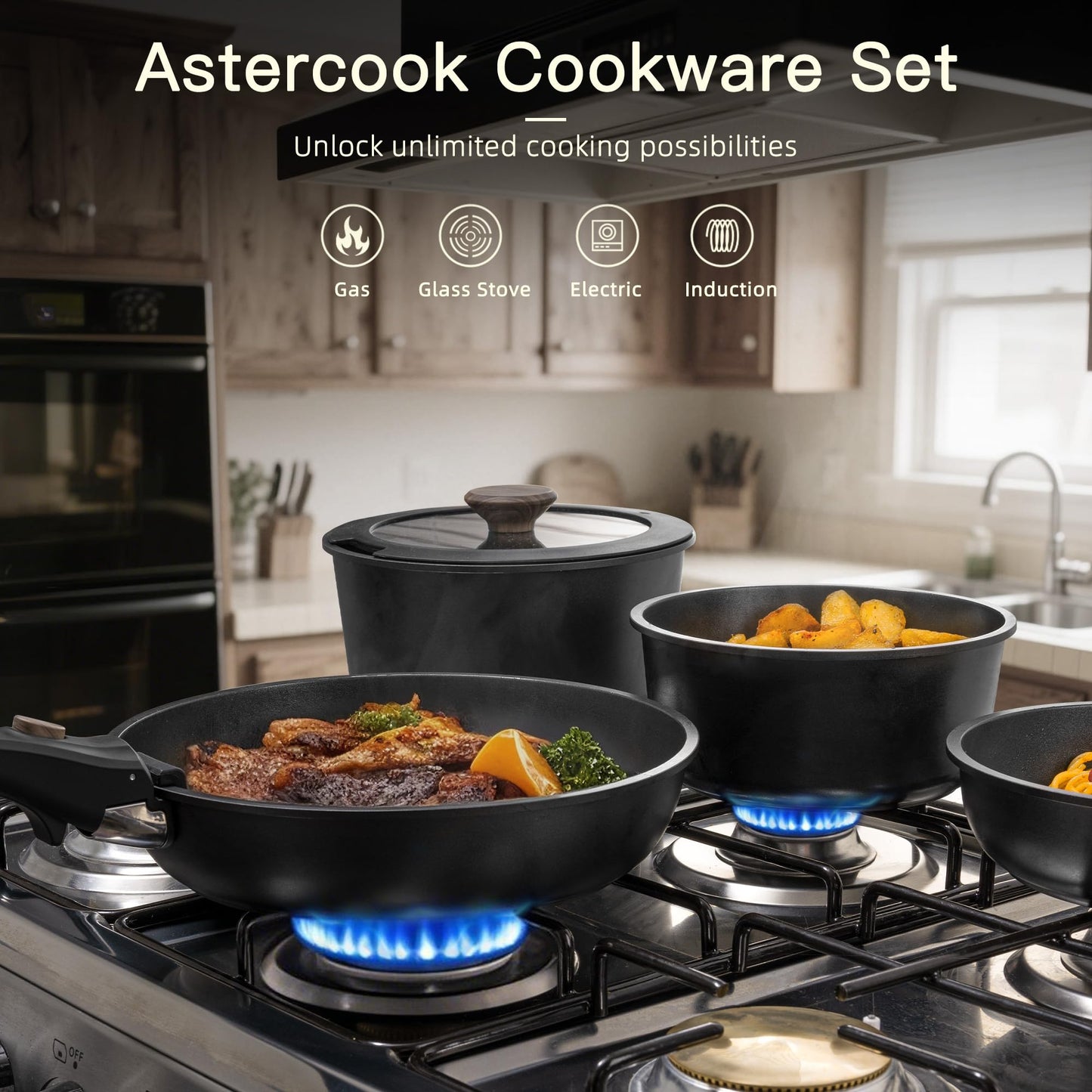 Astercook Non Stick RV Pots and Pans Ceramic Kitchen Cookware Set with Detachable/Removable Handle, Oven Safe, Induction Ready, Stackable, Black, 21 pcs