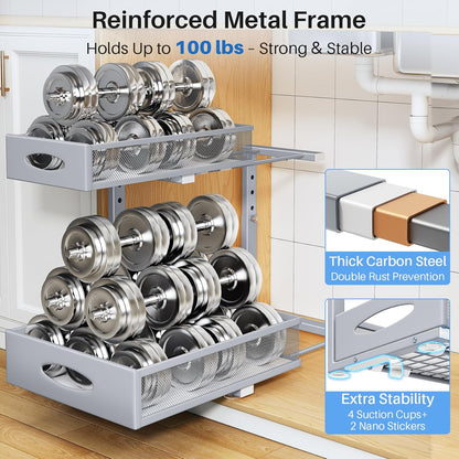 Under Sink Organizer | 2-Pack 2-Tier Pull-Out Cabinet Shelf with Metal Slides & Mesh Drawers - Grey